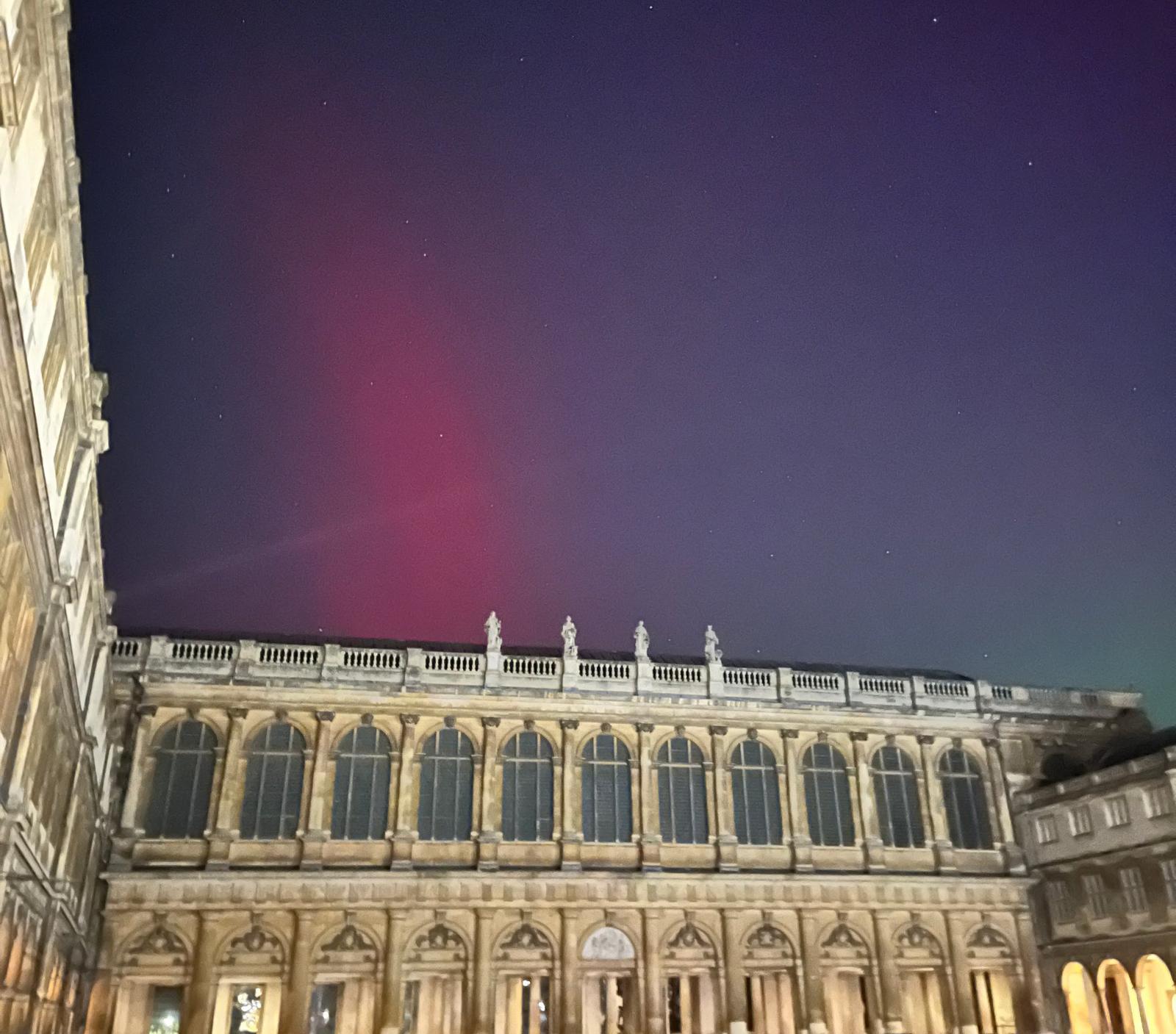 Northern lights over Nevile's Court, Trinity College, Cambridge